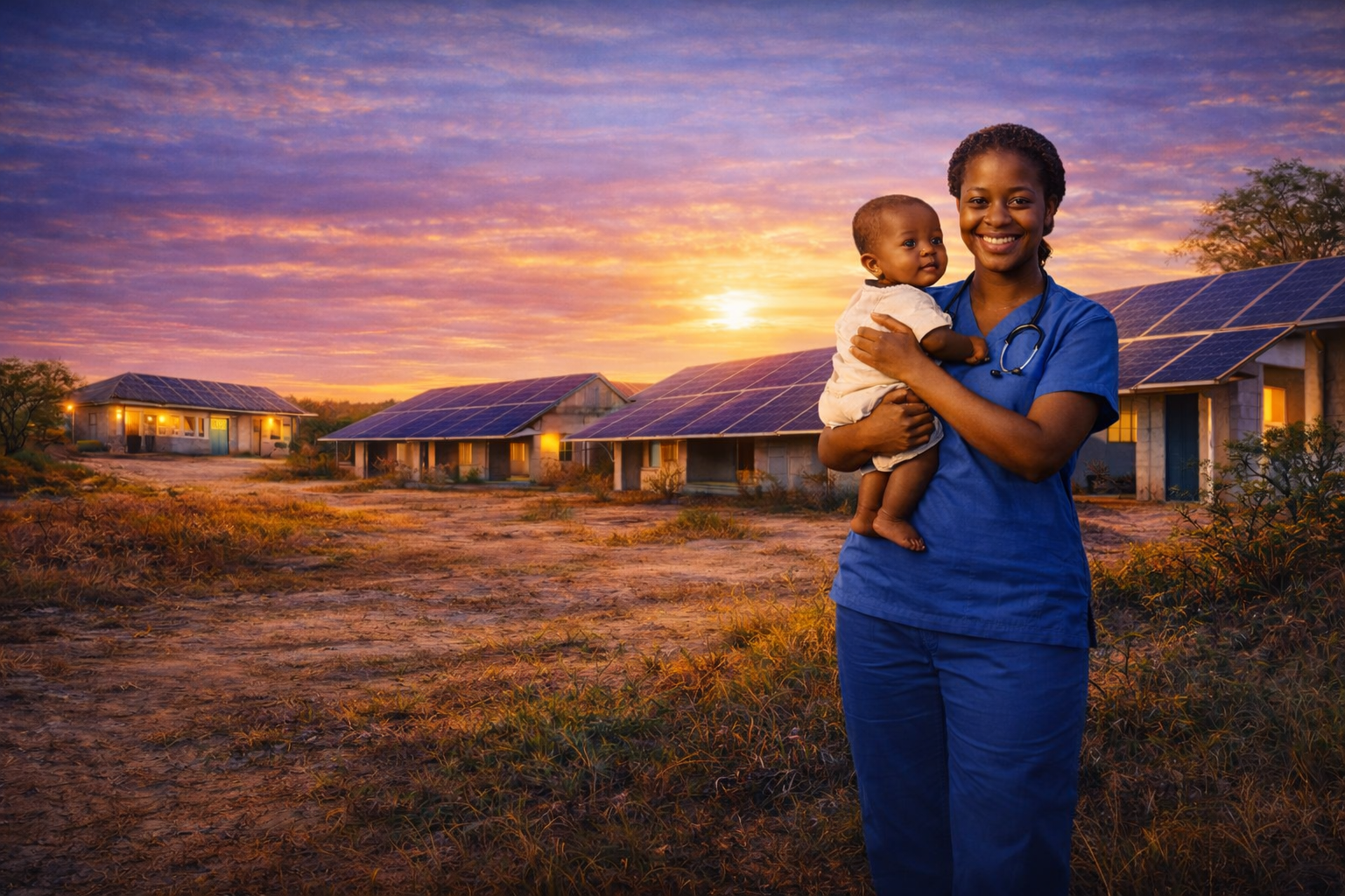 Healthcare worker in blue scrubs holding baby with solar panels and clinic in background - Powering Health, Empowering Communities