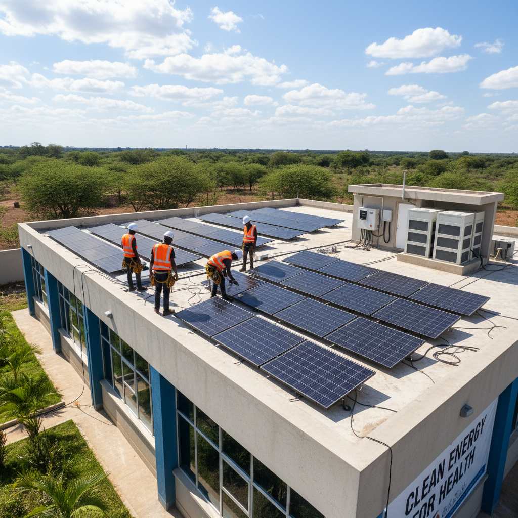 Solar panel installation on healthcare clinic roof with technicians working